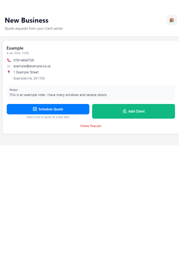 New Business screen showing actions to schedule a quote or add as a client