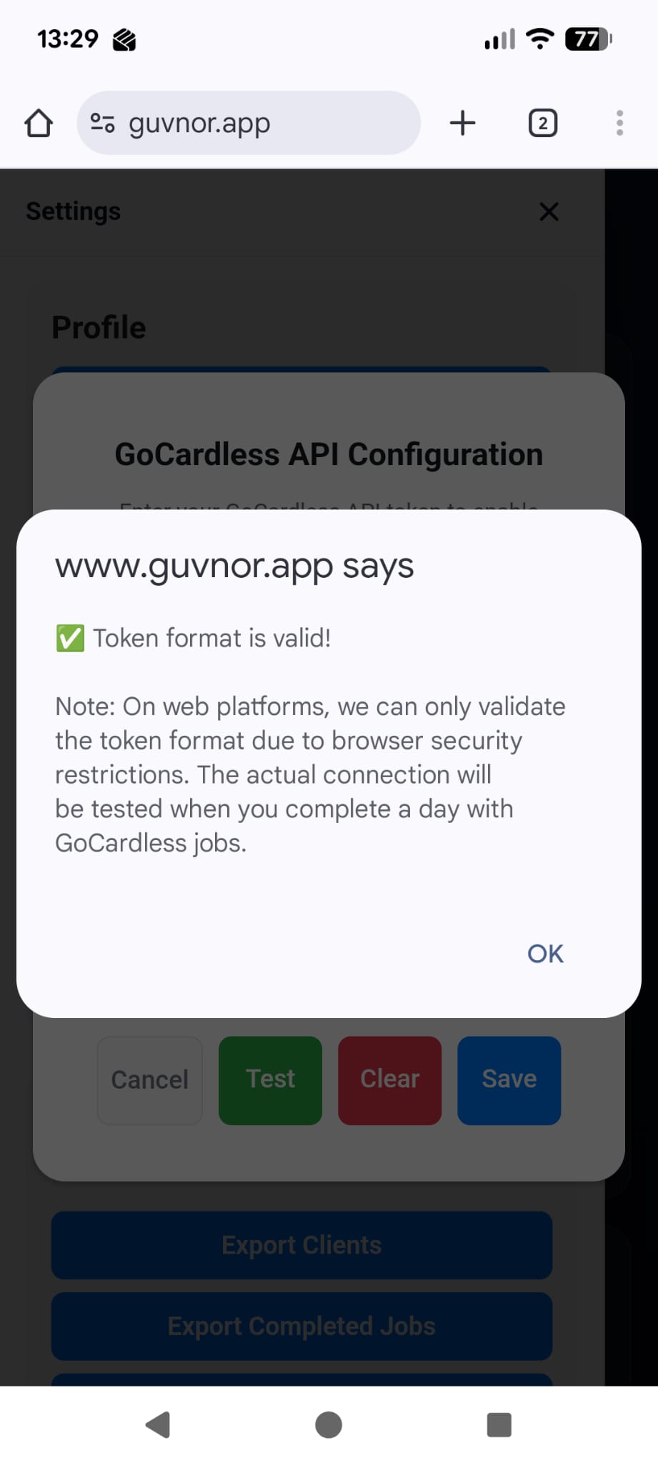 Pasted GoCardless API token with Test button