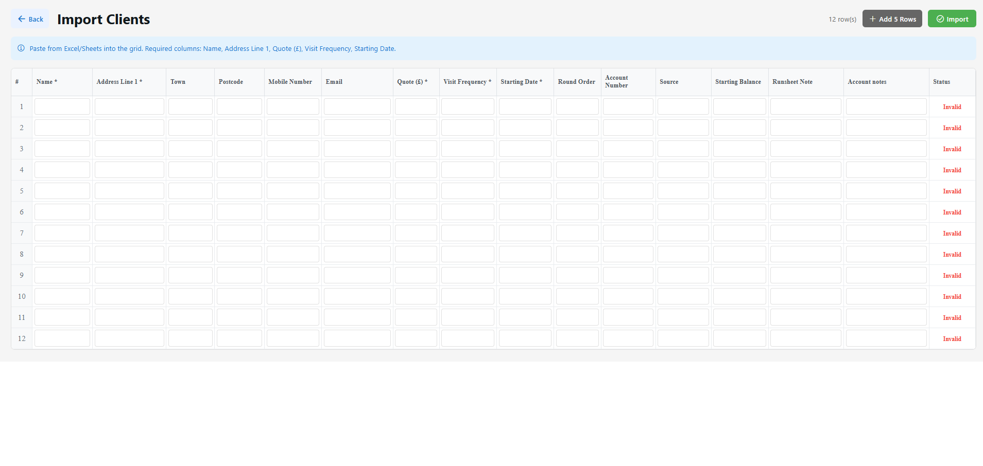 Import Clients screen in Settings
