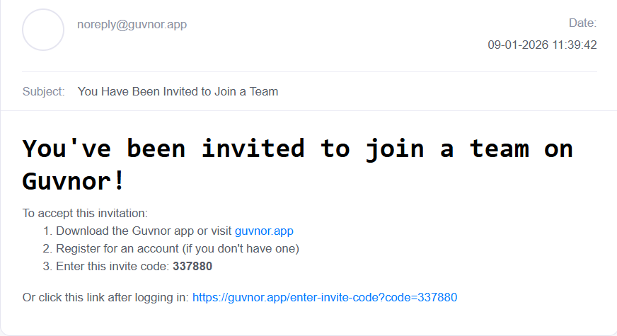 Team member invite email with code